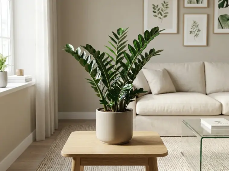 A vibrant and glossy ZZ plant standing on a wooden side table in a bright, modern minimalist apartment living room.