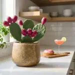 Indoor prickly pear cactus with ripe pink fruit growing in a stylish kitchen pot.