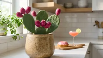 Indoor prickly pear cactus with ripe pink fruit growing in a stylish kitchen pot.