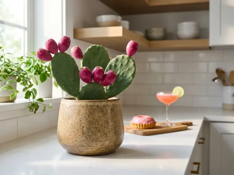 Indoor prickly pear cactus with ripe pink fruit growing in a stylish kitchen pot.