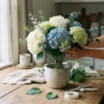 DIY hydrangea bouquet without floral foam in a ceramic vase with foam-free flower arranging mechanics