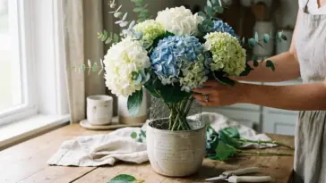 DIY hydrangea bouquet without floral foam in a ceramic vase with foam-free flower arranging mechanics