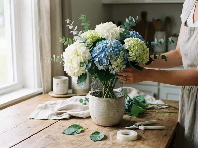 DIY hydrangea bouquet without floral foam in a ceramic vase with foam-free flower arranging mechanics