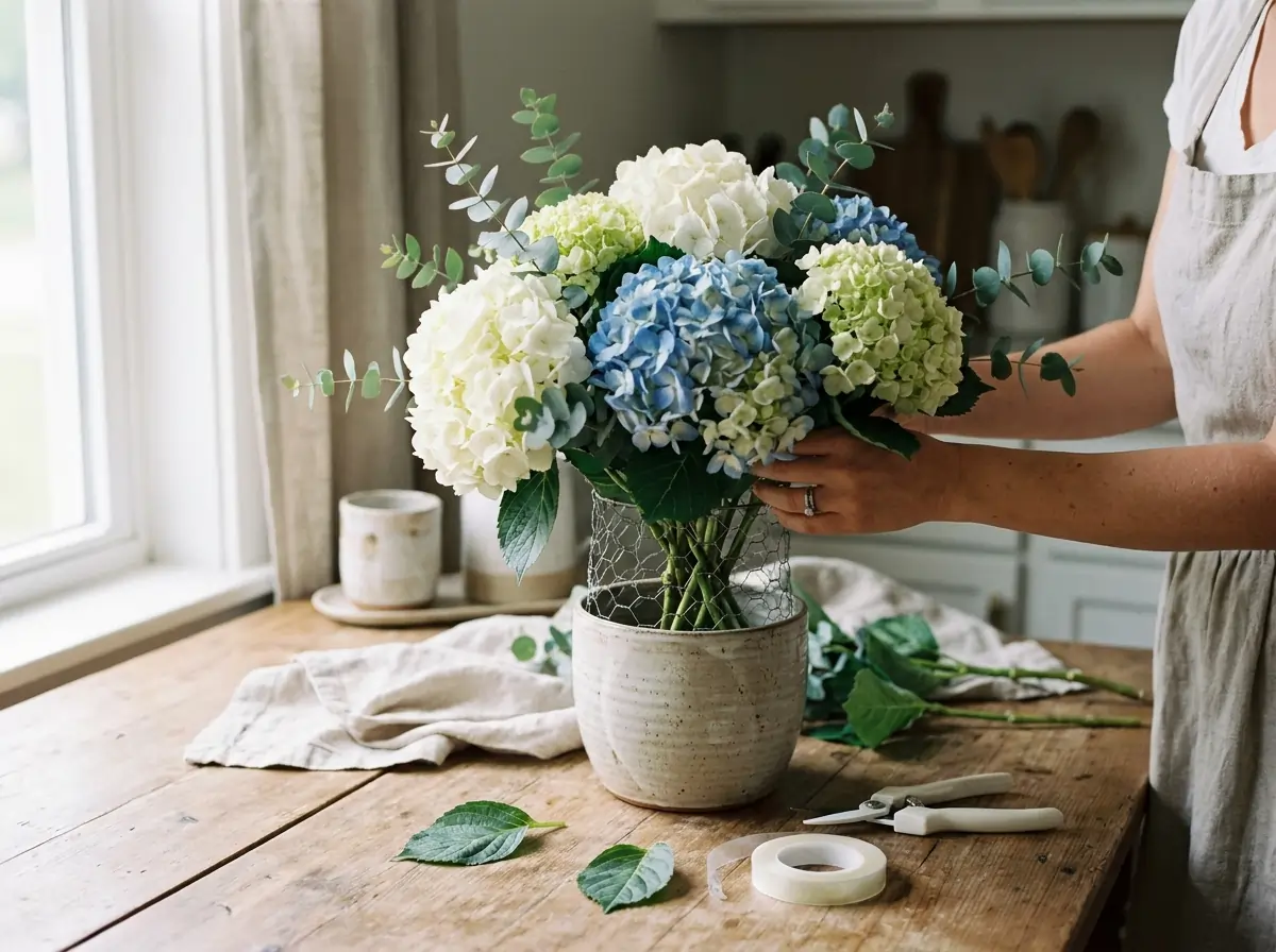 DIY hydrangea bouquet without floral foam in a ceramic vase with foam-free flower arranging mechanics