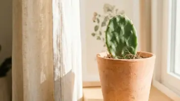 A healthy potted prickly pear cactus on a sunlit windowsill, showing successful indoor propagation.
