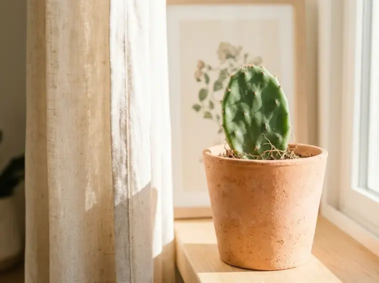 A healthy potted prickly pear cactus on a sunlit windowsill, showing successful indoor propagation.