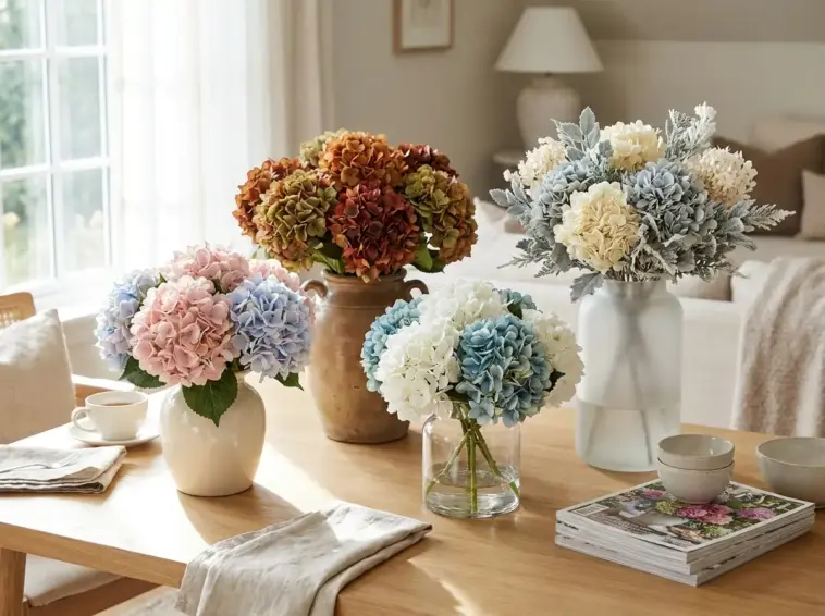 Hydrangea bouquet color palettes for every season with spring, summer, fall, and winter floral arrangement ideas
