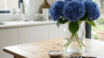 Hydrangea bouquet kept fresh with the alum powder trick in a glass vase at home