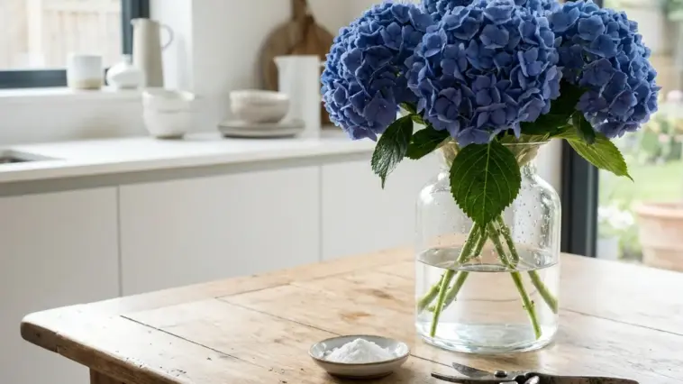 Hydrangea bouquet kept fresh with the alum powder trick in a glass vase at home