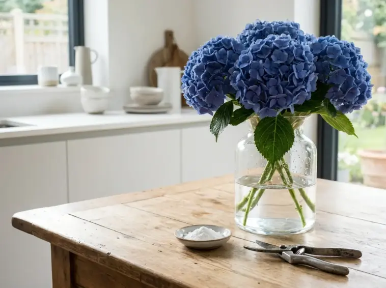 Hydrangea bouquet kept fresh with the alum powder trick in a glass vase at home