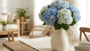hydrangea arrangement in ceramic pitcher as a clear vase alternative for cut hydrangeas indoors