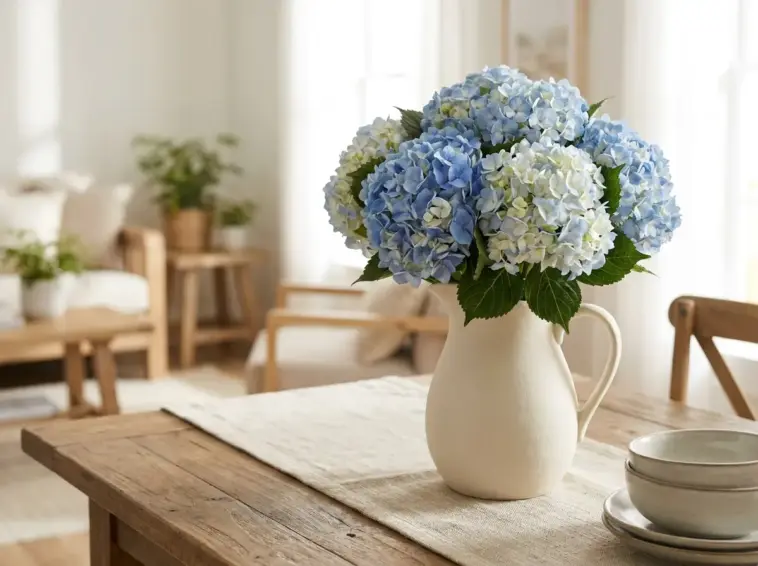 hydrangea arrangement in ceramic pitcher as a clear vase alternative for cut hydrangeas indoors