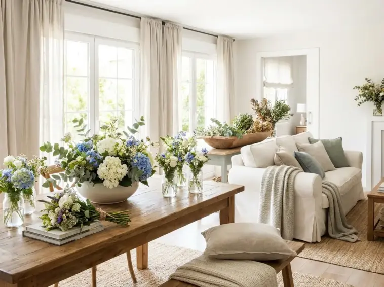 Creative hydrangeas with eucalyptus and wildflowers in DIY floral arrangements for home decor and centerpieces