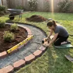 DIY lawn edging bricks installed without concrete along a flower bed border for clean landscaping and curb appeal