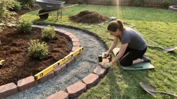 DIY lawn edging bricks installed without concrete along a flower bed border for clean landscaping and curb appeal