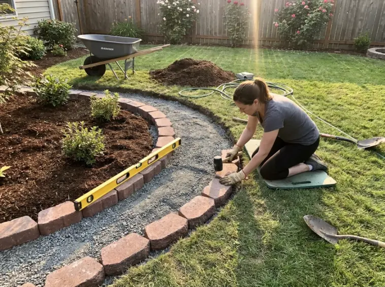 DIY lawn edging bricks installed without concrete along a flower bed border for clean landscaping and curb appeal