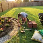 First-time DIY brick garden border installation around a flower bed with brick edging tools, gravel base, and mulch
