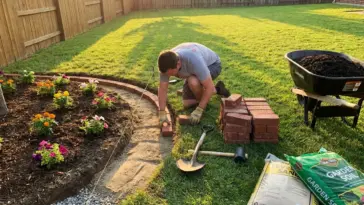 First-time DIY brick garden border installation around a flower bed with brick edging tools, gravel base, and mulch