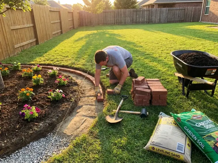 First-time DIY brick garden border installation around a flower bed with brick edging tools, gravel base, and mulch