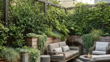 Living wall fence backyard privacy screen with climbing plants, trellis, and modern garden seating
