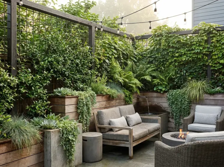 Living wall fence backyard privacy screen with climbing plants, trellis, and modern garden seating
