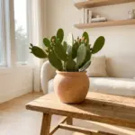 Vibrant indoor prickly pear cactus plant styled as a centerpiece in a modern boho living room.
