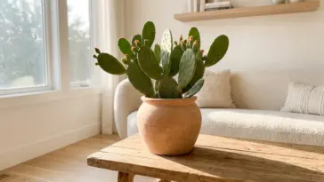Vibrant indoor prickly pear cactus plant styled as a centerpiece in a modern boho living room.