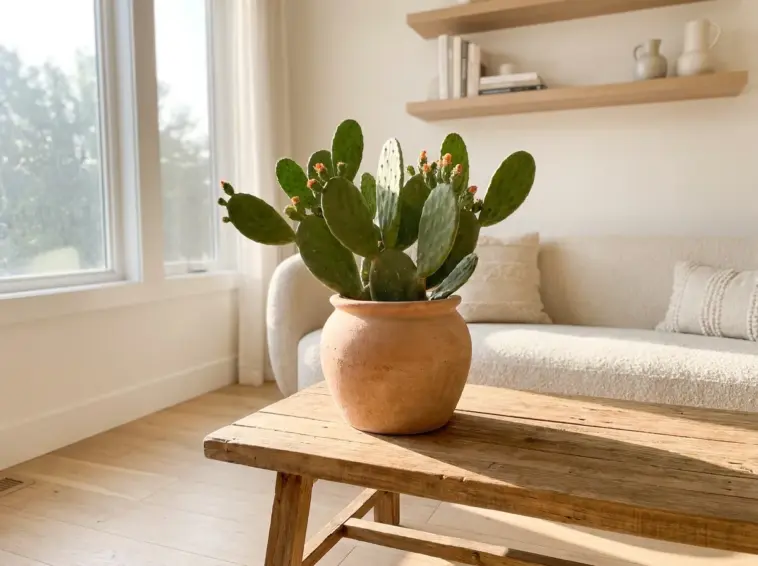 Vibrant indoor prickly pear cactus plant styled as a centerpiece in a modern boho living room.