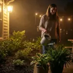 Woman late-night watering patio plants as mosquitoes swarm, showing why traditional mosquito repellent stops working in a damp backyard