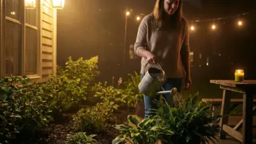 Woman late-night watering patio plants as mosquitoes swarm, showing why traditional mosquito repellent stops working in a damp backyard
