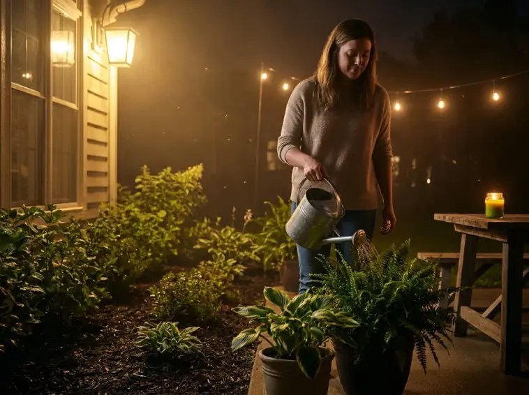 Woman late-night watering patio plants as mosquitoes swarm, showing why traditional mosquito repellent stops working in a damp backyard