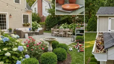 Backyard mosquito prevention image showing common yard mistakes that attract mosquitos, including standing water, dense landscaping, and poor drainage
