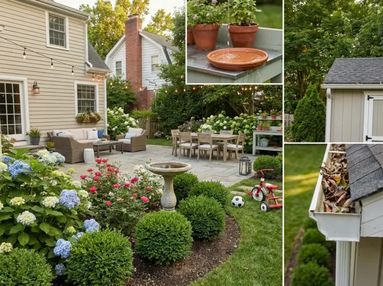 Backyard mosquito prevention image showing common yard mistakes that attract mosquitos, including standing water, dense landscaping, and poor drainage