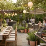 Mosquito repellent hacks for a backyard BBQ or outdoor wedding with fans, citronella, plants, and bug-proof party decor