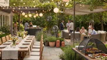 Mosquito repellent hacks for a backyard BBQ or outdoor wedding with fans, citronella, plants, and bug-proof party decor