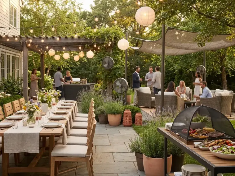 Mosquito repellent hacks for a backyard BBQ or outdoor wedding with fans, citronella, plants, and bug-proof party decor