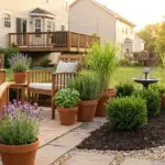 mosquito repellent landscaping ideas under $100 with lavender, basil, lemongrass, gravel, mulch, and a small patio seating area