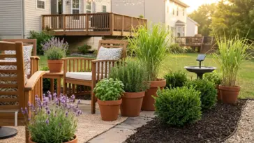 mosquito repellent landscaping ideas under $100 with lavender, basil, lemongrass, gravel, mulch, and a small patio seating area