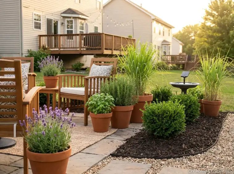mosquito repellent landscaping ideas under $100 with lavender, basil, lemongrass, gravel, mulch, and a small patio seating area