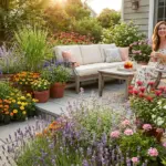 Beautiful natural mosquito repellent plants in a stylish garden with lavender, lemongrass, marigolds, rosemary, and other mosquito repellent flowers and herbs