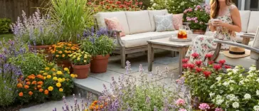 Beautiful natural mosquito repellent plants in a stylish garden with lavender, lemongrass, marigolds, rosemary, and other mosquito repellent flowers and herbs