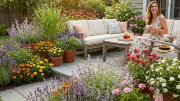 Beautiful natural mosquito repellent plants in a stylish garden with lavender, lemongrass, marigolds, rosemary, and other mosquito repellent flowers and herbs