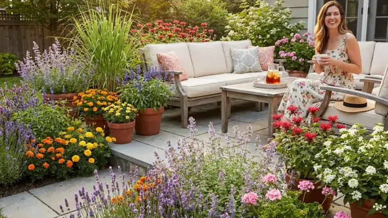 Beautiful natural mosquito repellent plants in a stylish garden with lavender, lemongrass, marigolds, rosemary, and other mosquito repellent flowers and herbs