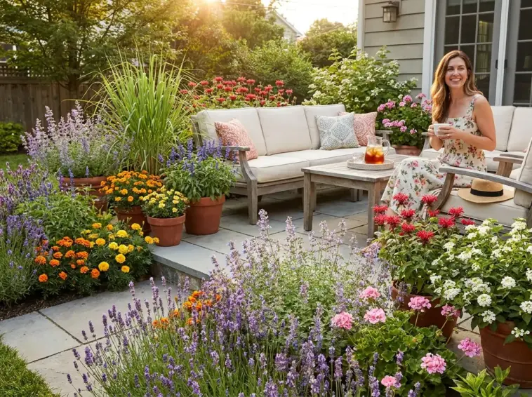 Beautiful natural mosquito repellent plants in a stylish garden with lavender, lemongrass, marigolds, rosemary, and other mosquito repellent flowers and herbs