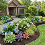 Hydrangea cluster planting in a front yard garden bed with layered shrubs and companion plants for a natural landscape design
