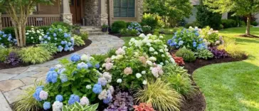 Hydrangea cluster planting in a front yard garden bed with layered shrubs and companion plants for a natural landscape design