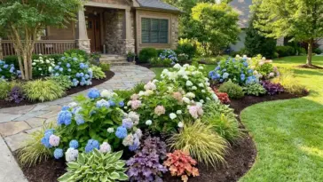 Hydrangea cluster planting in a front yard garden bed with layered shrubs and companion plants for a natural landscape design