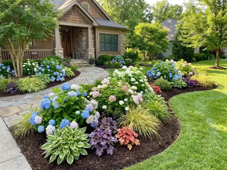 Hydrangea cluster planting in a front yard garden bed with layered shrubs and companion plants for a natural landscape design