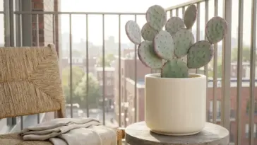 A beautifully styled Santa Rita prickly pear cactus in a modern ceramic pot on a bright urban apartment balcony.