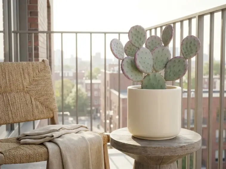 A beautifully styled Santa Rita prickly pear cactus in a modern ceramic pot on a bright urban apartment balcony.